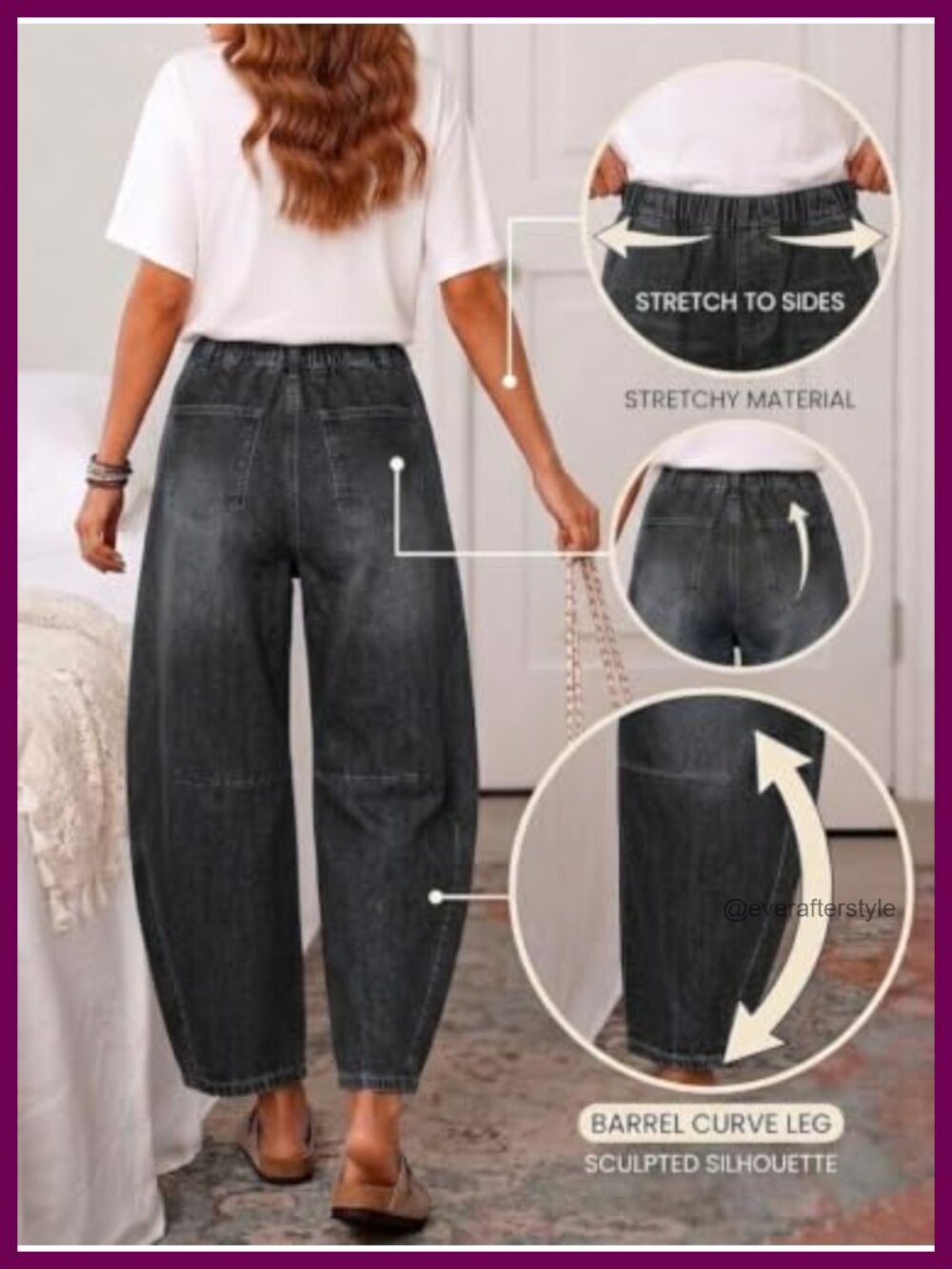 Mid Rise Barrel Jeans Stretchy Cropped Horseshoe Denim Pants - Picture 6 of 6